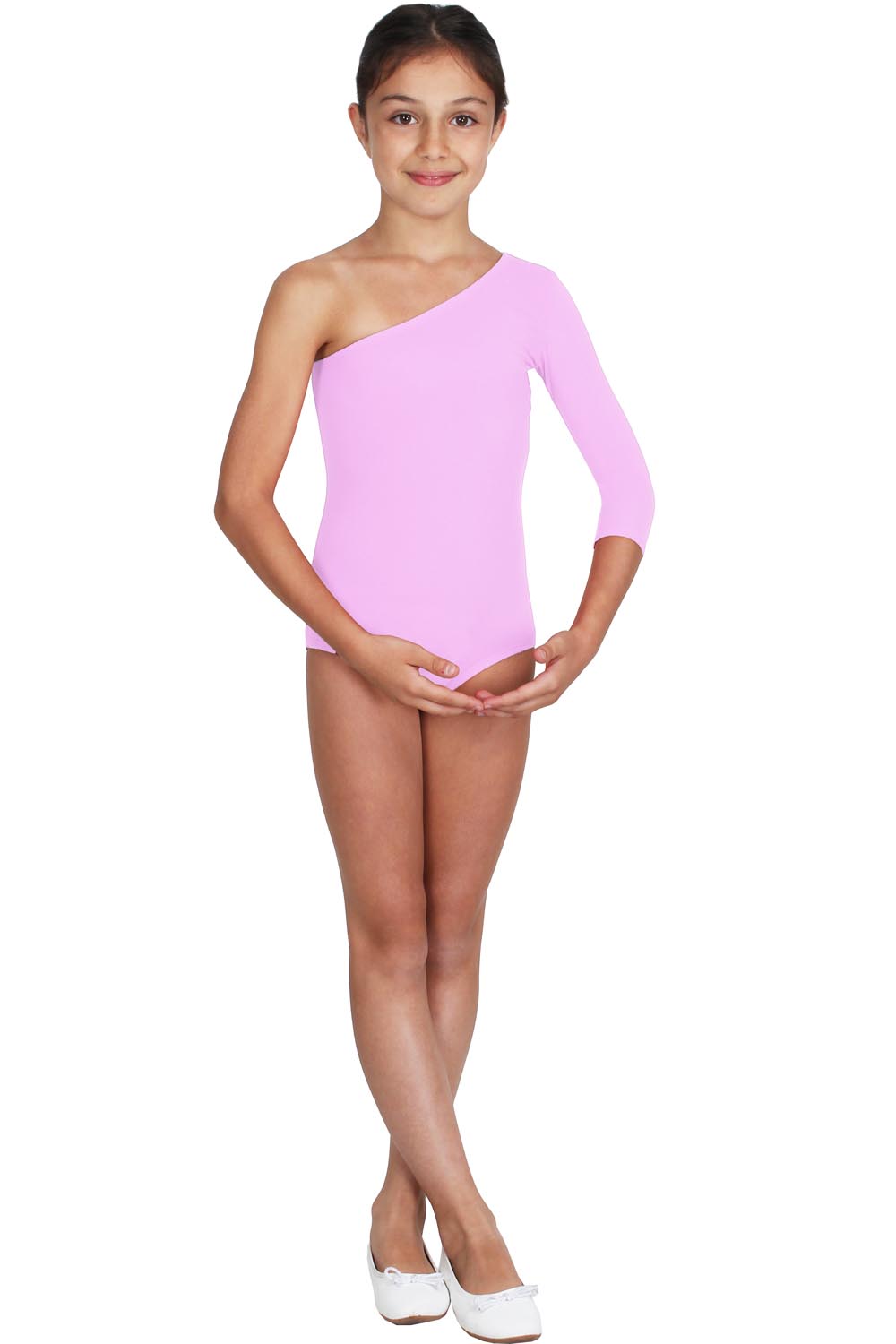 Costume da Body danza lycra monospalla manica tre quarti rosa bambina